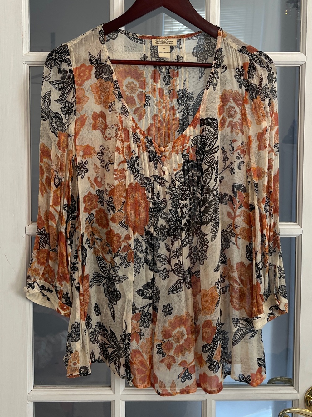 LUCKY BRAND Women’s Boho Floral Peasant Tunic Blouse Bell Sleeve Rayon M